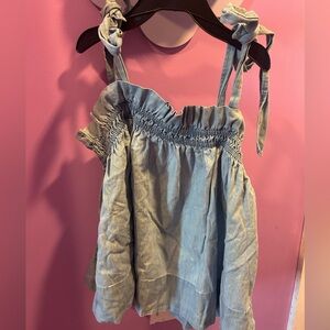 Light Blue Tie-Strap Smocked Denim Top